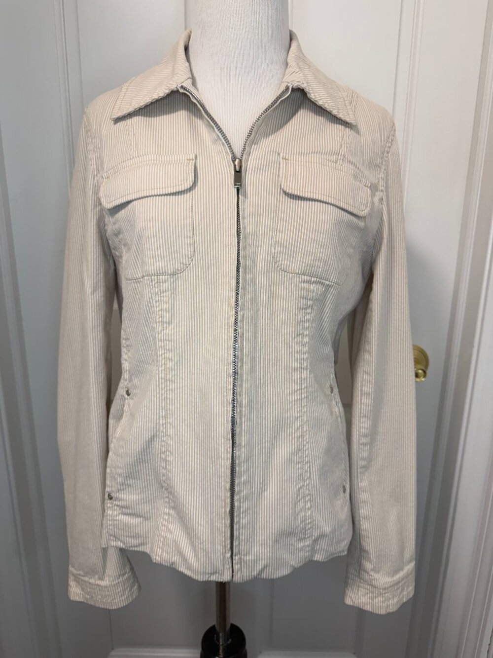 Vintage Jones New York Signature Beige White Striped Full Zip Jacket Size Medium